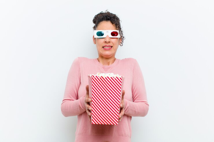Young pretty woman with pop corns and 3d glasses over white wall